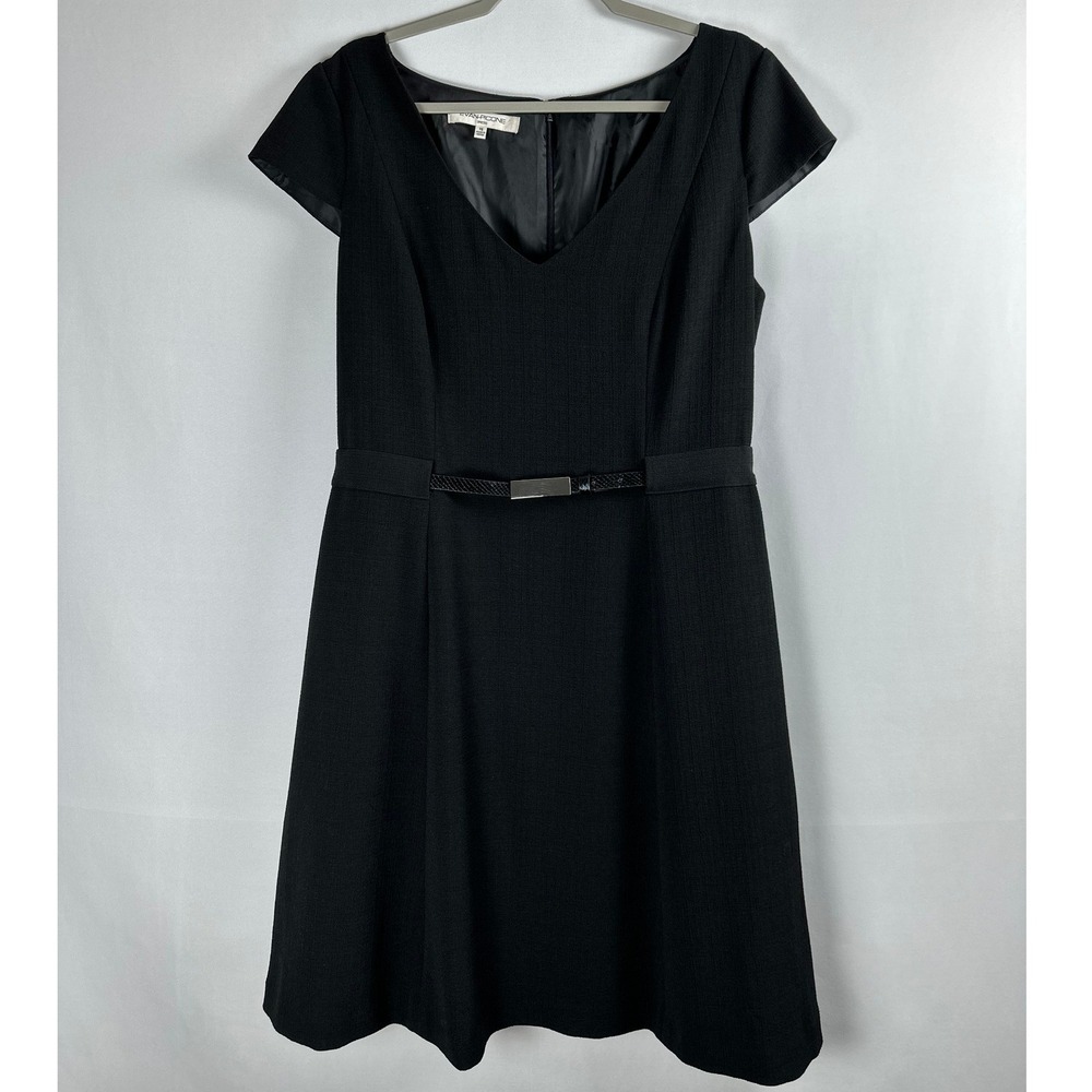 Evan Picone Dress Womens 16 Black Belted V-Neck Cap Sleeve Classic Office Career
